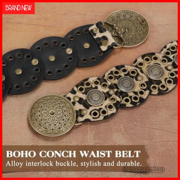 Vintage Western Disc Belt PU Leather Boho Waist Belt for Dresses Jeans